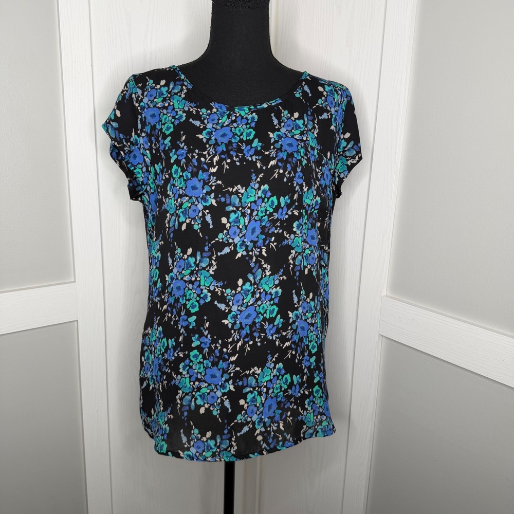 Banana Republic Blouse Women Medium Black Blue Floral Short Sleeve Top 4998